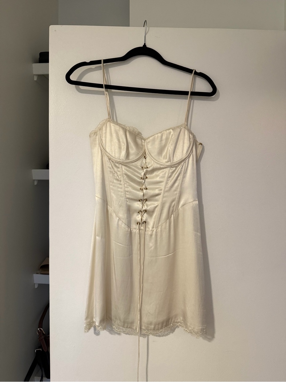 Meshki Ivory Satin Lace-Trim Mini Dress with Corset Lacing